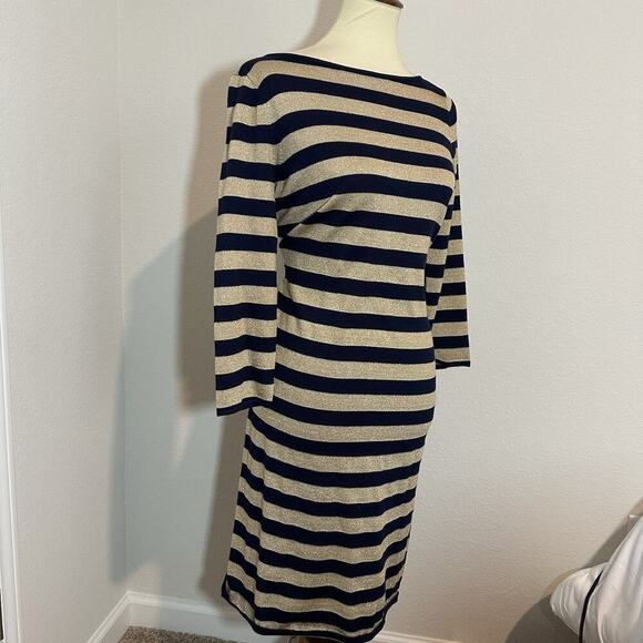 Ralph Lauren Sweater Dress Neutral Metallic Stripes Midi Office Bodycon Casual - Picture 12 of 12